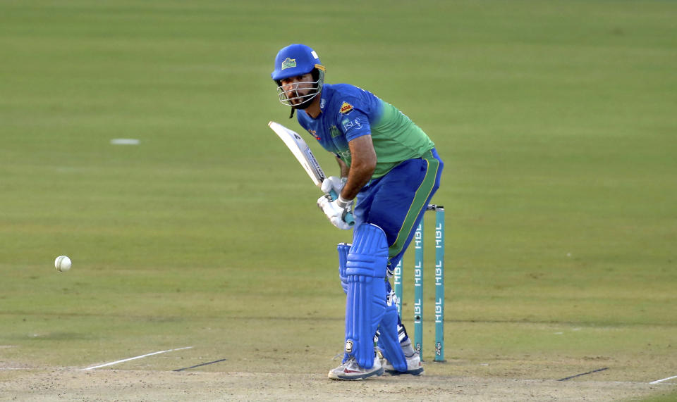 Multan Sultans' Sohaib Maqsood bats during a Pakistan Super League T20 cricket match between Lahore Qalandars and Multan Sultans at the National Stadium, in Karachi, Pakistan, Friday, Feb. 26, 2021. (AP Photo/Fareed Khan)