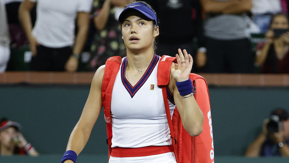 Emma Raducanu, pictured here in the first round at Indian Wells following her US Open triumph.