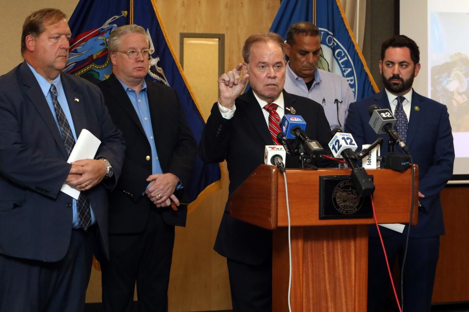 County Executive Ed Day, along with local Clarkstown officials, speaks at an emergency press conference after 31 migrants, including children, were recently discovered in a 1,500-square-foot home in Clarkstown, Sept. 18, 2023 in New City.