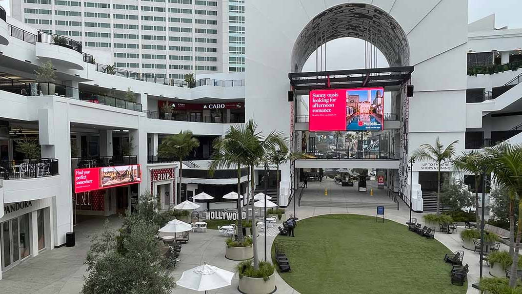  The courtyard of Ovation Hollywood with Daktronics LED displays. . 