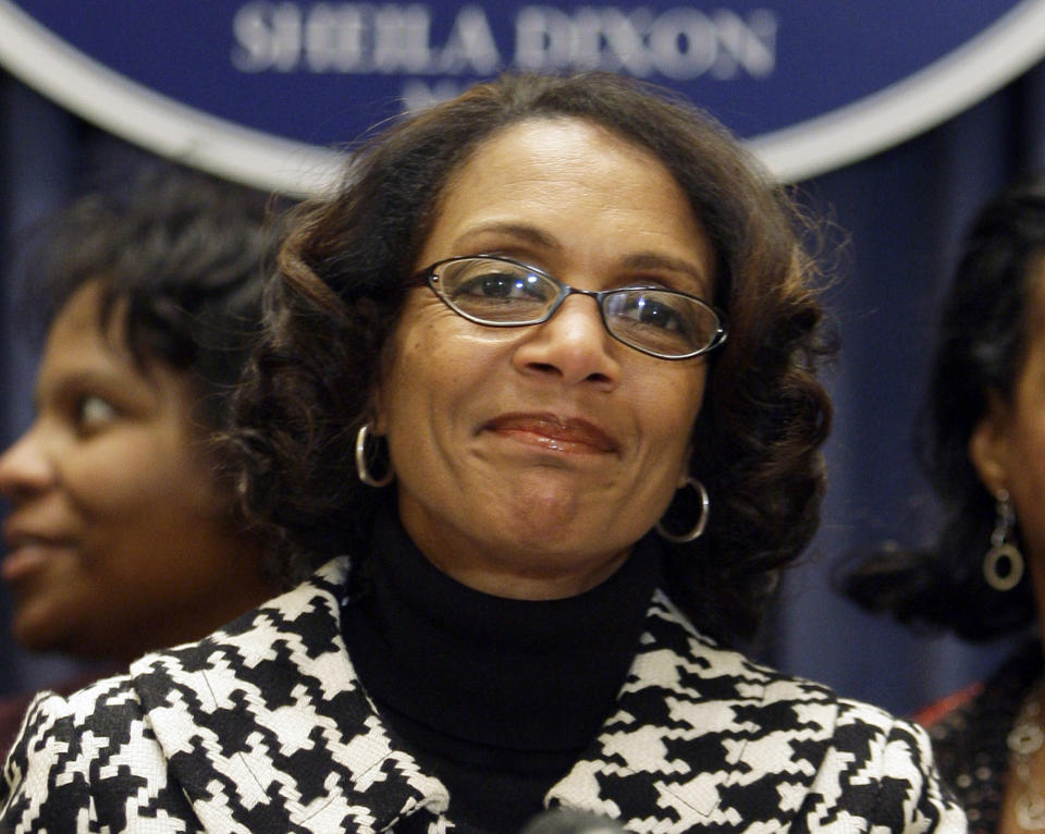 FILE - In this Jan. 6, 2010, file photo, Baltimore Mayor Sheila Dixon announces her resignation during a news conference in Baltimore. Brandon Scott has won the Democratic nomination for Baltimore mayor. The victory on Tuesday, June 9, 2020, exactly a week after the election was held, puts Scott in a strong position to be the next mayor of the struggling city. Scott emerged victorious from a field that included more than 20 Democrats, including former Mayor Dixon. (AP Photo/Rob Carr, File)