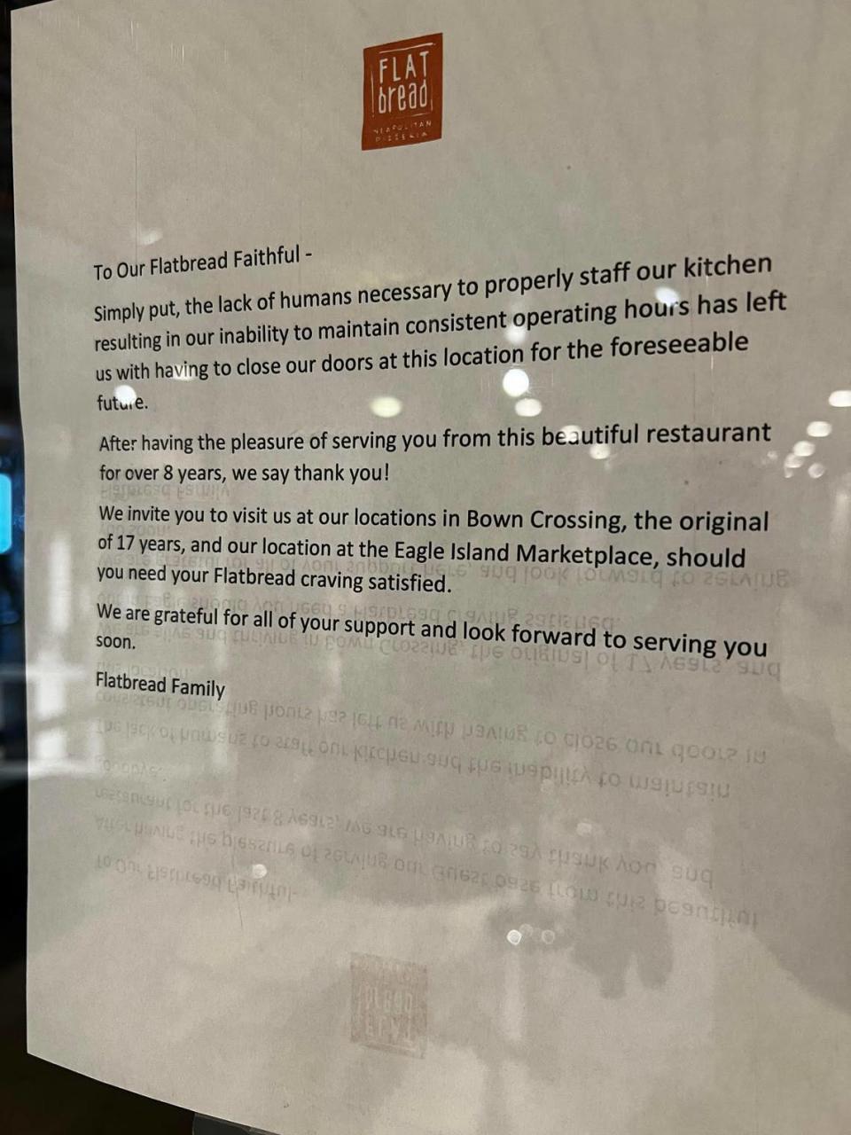 A note to customers at Flatbread in downtown Boise indicates it was closed “for the foreseeable future.”