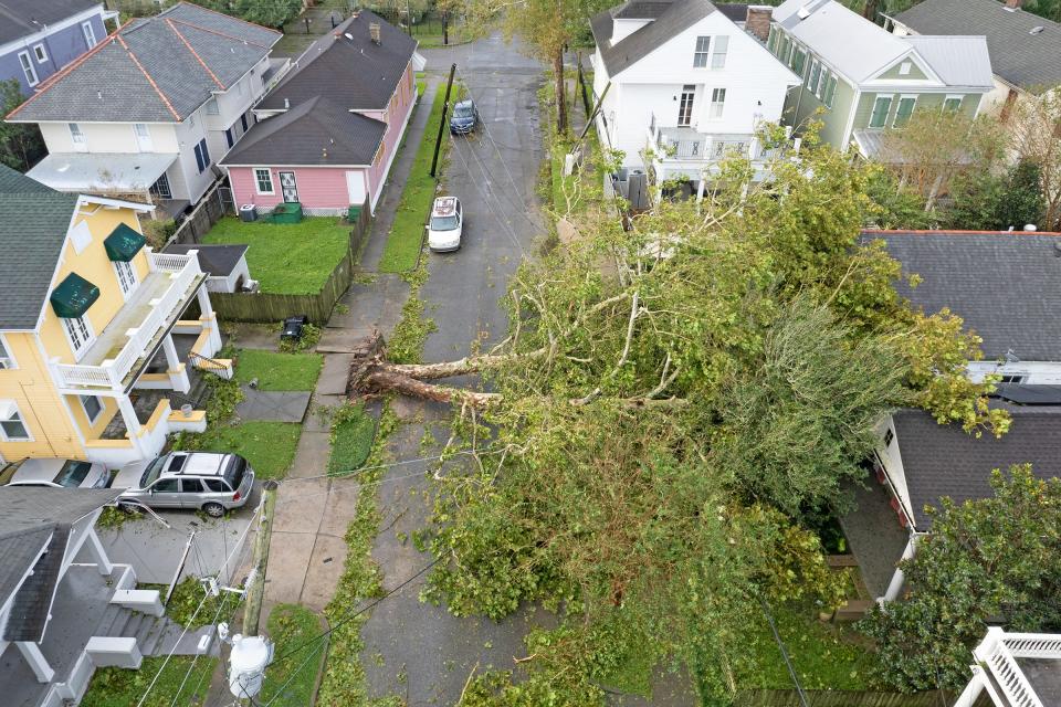 A tree lies on a house in the 1000 block of Jena Street in the Uptown neighborhood in the aftermath of Hurricane Ida in New Orleans on Monday, August 30, 2021. 