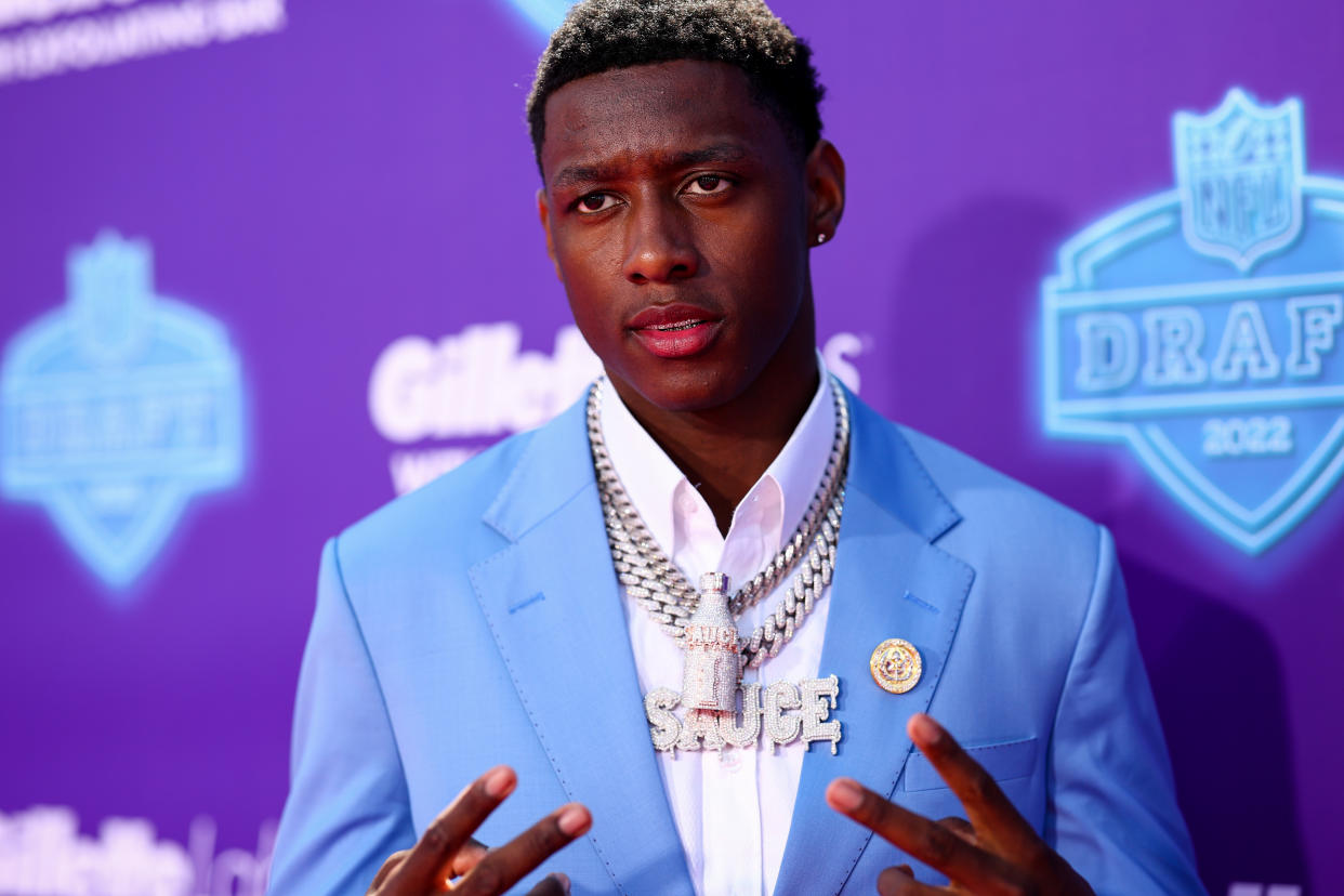 LAS VEGAS, NV - APRIL 28: Sauce Gardner poses on the red carpet before the 2022 NFL Draft at the Bellagio Hotel & Casino on April 28, 2022 in Las Vegas, Nevada. (Photo by Kevin Sabitus/Getty Images)