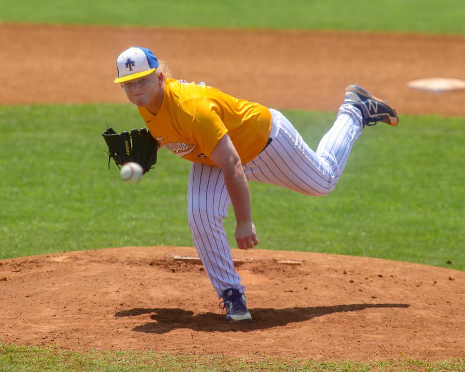 Anderson's Connor Clifton deals to the plate during the Trojans' 14-1 win over Elgin in the first round of the UIL state baseball playoffs Saturday.