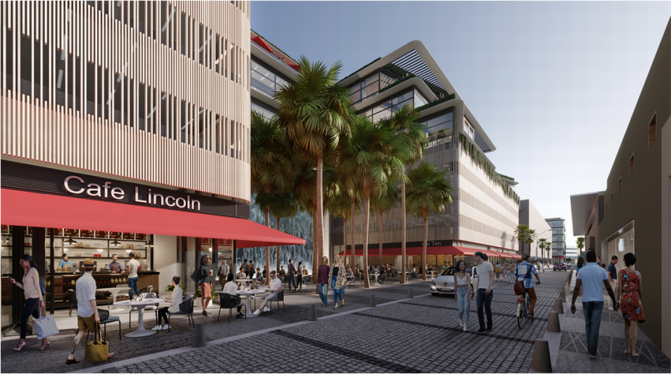 Los dueños de Lincoln Road –integrados por Integra Investments, Starwood Capital Group y la Comras Company– planean reurbanizar el terreno ubicado entre 17 Street y Lenox Avenue y en 1040 de Lincoln Road para convertirlo en dos edificios con oficinas y locales comerciales. Arriba: Uno de los dos edificios que urbanizarían los dueños de Lincoln Road.