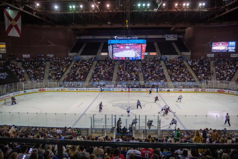 The crowd checks out the action as the Ice Flyers take on the Evansville Thunderbolts at the Pensacola Bay Center Saturday, March 25, 2023.