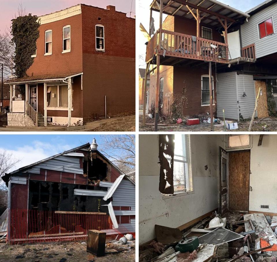 The building at 520 N. Illinois St. in Belleville consists of a brick storefront, clockwise from top left, an addition in back, rooms filled with trash and debris and a detached garage. Teri Maddox/tmaddox@bnd.com