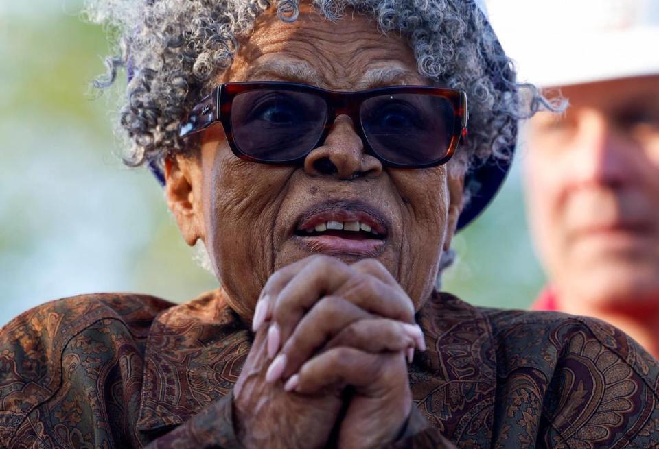 Opal Lee reacts as dignitaries speak prior to raising the first wall on her new home on Thursday, March 21, 2024, in Fort Worth.