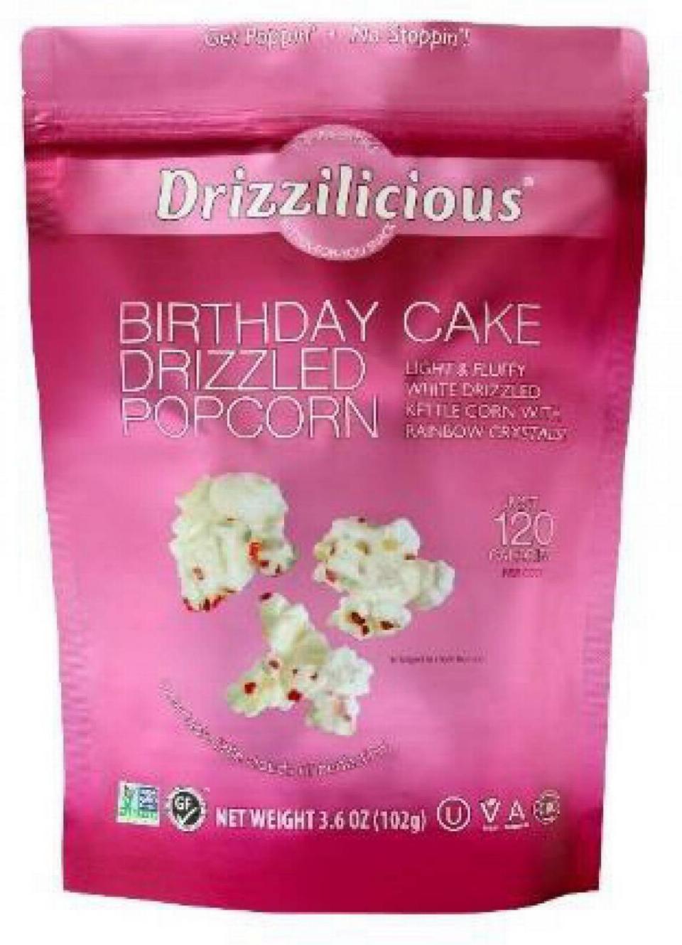 Drizzilicious Birthday Cake drizzled popcorn