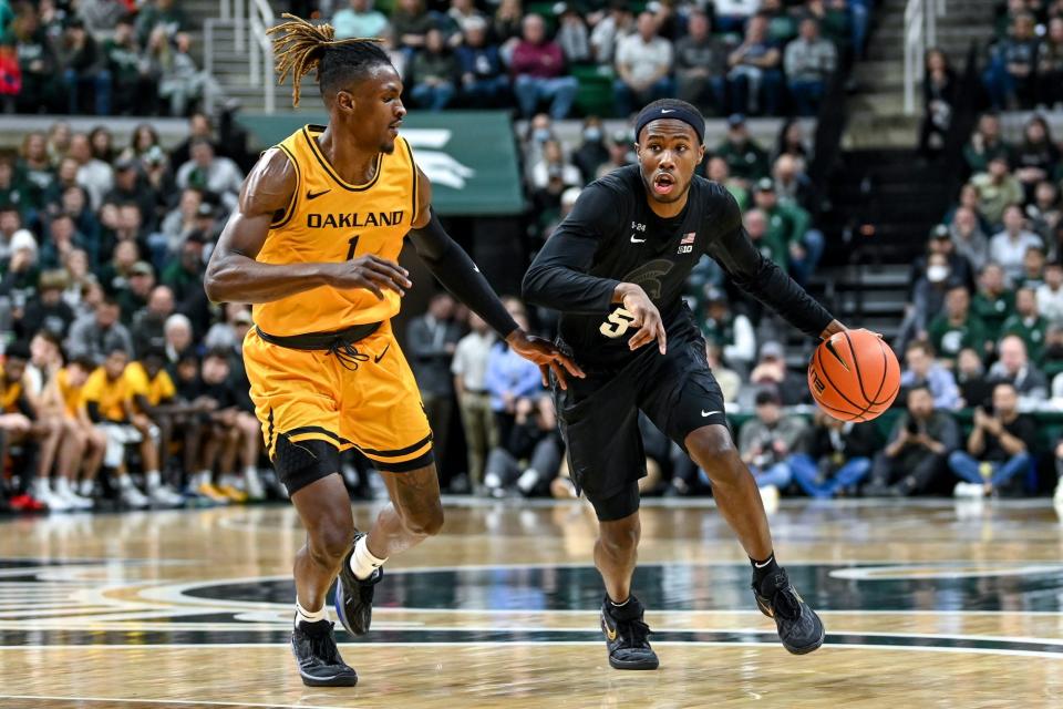 Michigan State's Tre Holloman, right, moves the ball as Oakland's Keaton Hervey defends during the second half on Wednesday, Dec. 21, 2022, at the Breslin Center in East Lansing.

221221 Msu Oakland 145a