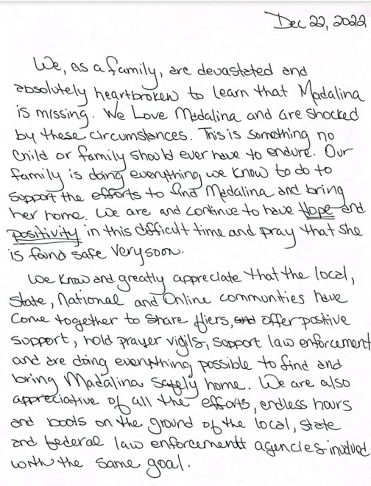 Madalina’s family shared this handwritten note (Cornelius PD)