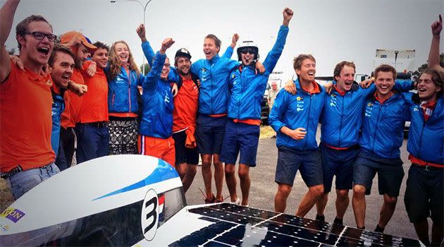 The Dutch Nuon team celebrates its victory in Adelaide. Photo: Roscoe Whalan, 7News.