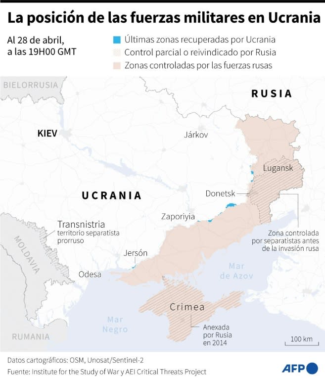 Mapa de Ucrania mostrando las áreas controladas por las fuerzas ucranianas y rusas, al 28 de abril a las 19H00 GMT (Valentin RAKOVSKY)