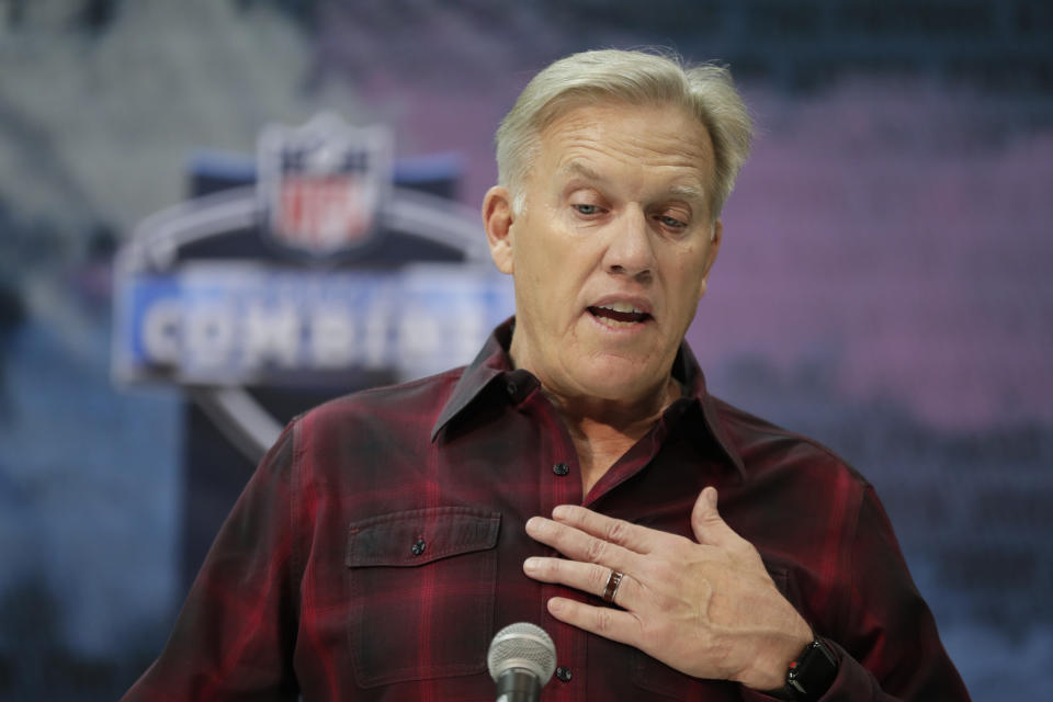 Denver Broncos general manager John Elway speaks during a press conference at the NFL scouting combine. (AP)