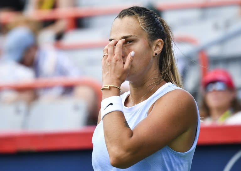 Top-seeded Aryna Sabalenka reacts during her semi-final loss to Karolina Pliskova at the WTA tournament in Montreal
