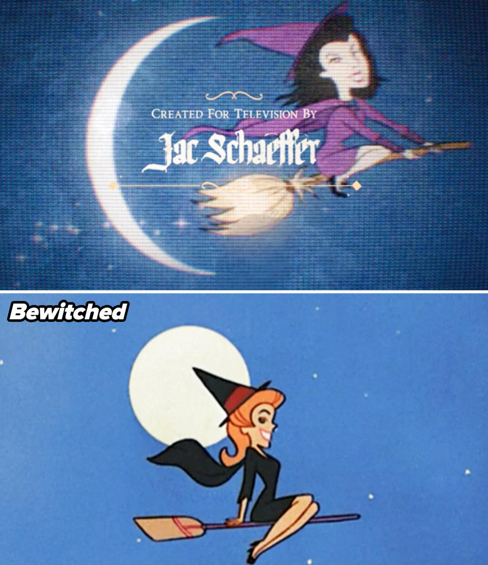 Above: Cartoon character Agatha Harkness flies on a broomstick over a crescent moon with text "Created for television by Jac Schaeffer." Below: Samantha von "Bewitched" Flying on a broomstick in front of the full moon