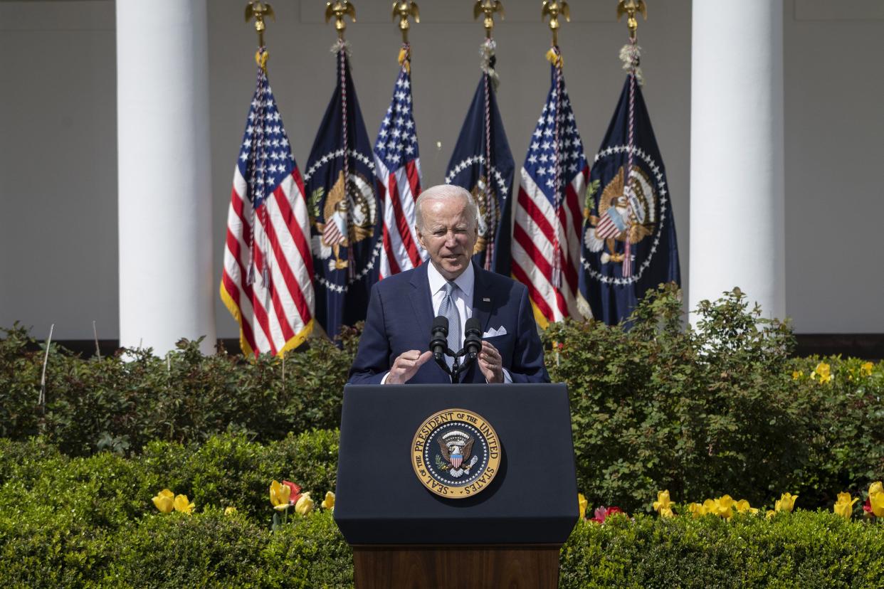 U.S. President Joe Biden speaks during an event about gun violence in the Rose Garden of the White House on April 11, 2022, in Washington, DC. Biden announced a new firearm regulation aimed at reining in ghost guns, untraceable, unregulated weapons made from kids.