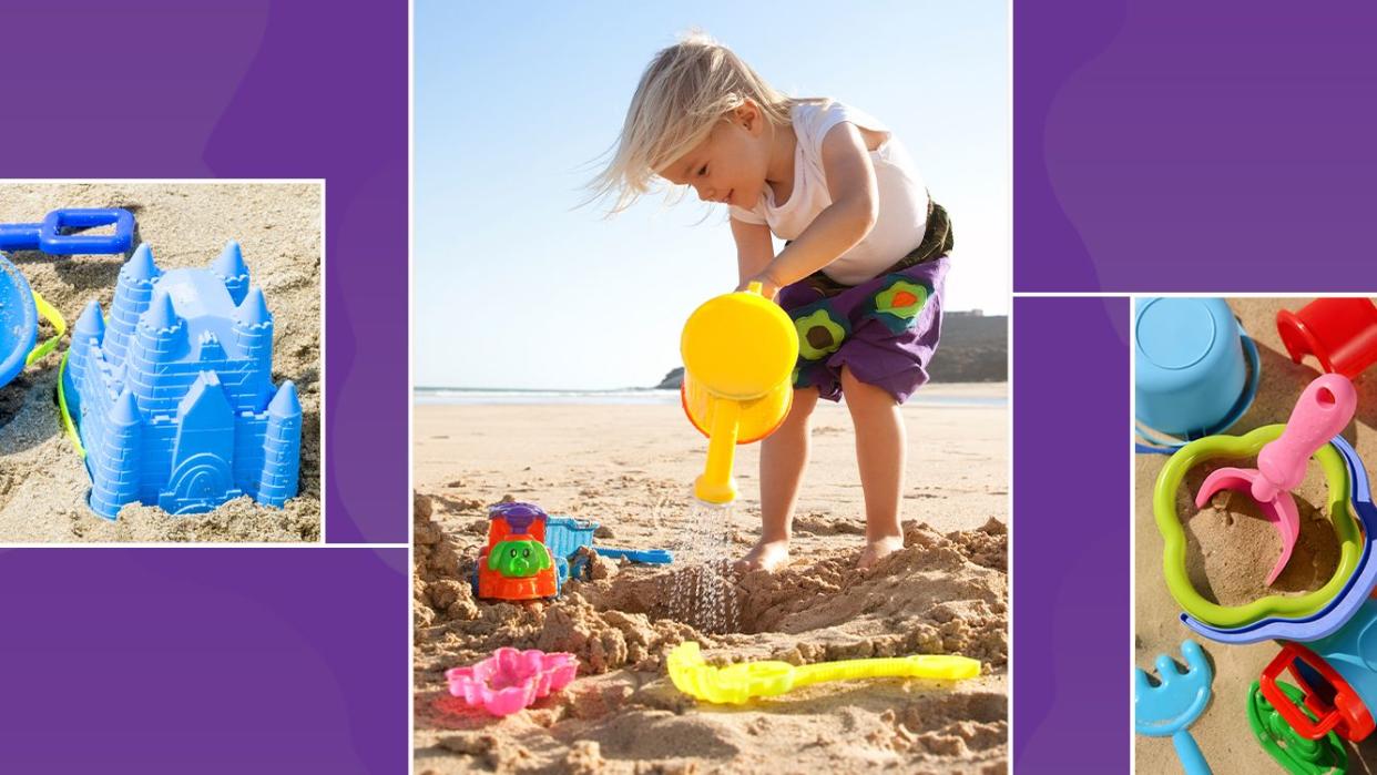 kid playing on beach with watering can and sand toys