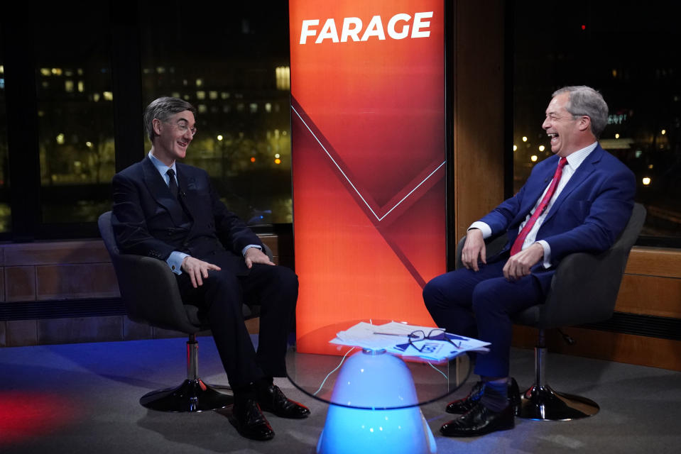 Nigel Farage (right) on his show talking to Jacob Rees-Mogg in the studio at GB News before his new show Jacob Rees-Mogg's State of The Nation. Picture date: Monday February 27, 2023. (Photo by Stefan Rousseau/PA Images via Getty Images)