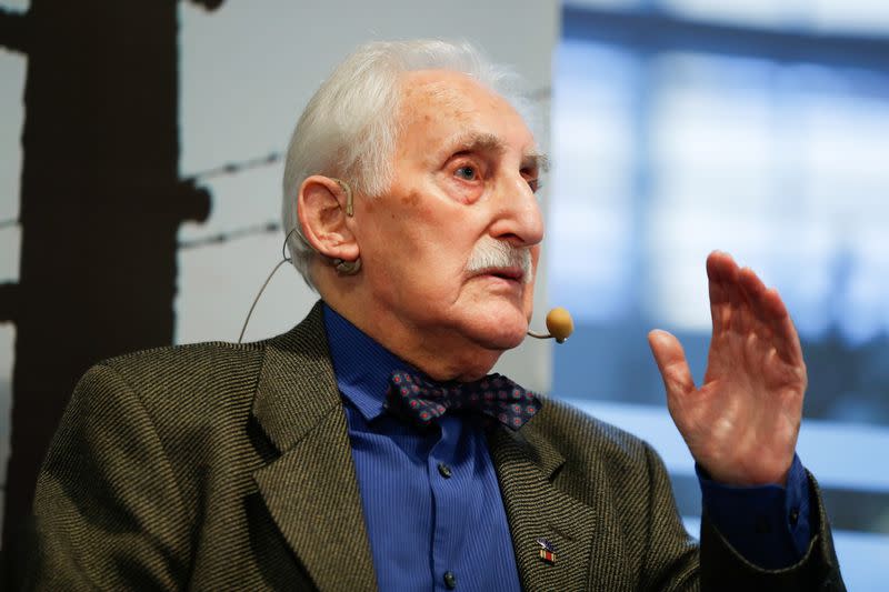 Auschwitz survivor Leon Weintraub, attends a meeting with media a day prior to the 75th anniversary of the liberation of Nazi German concentration and extermination camp, Auschwitz