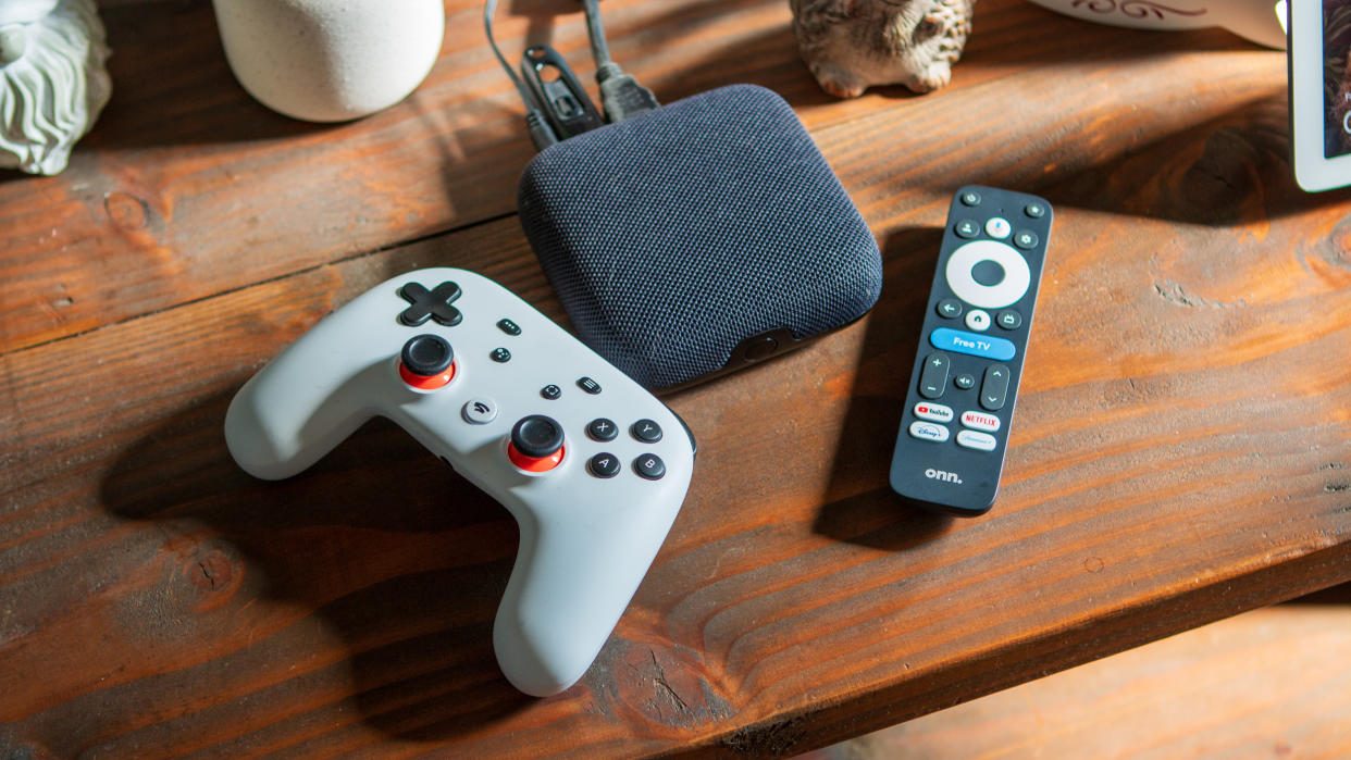  Onn Google TV 4K Pro with the Google Stadia controller and the included remote. 