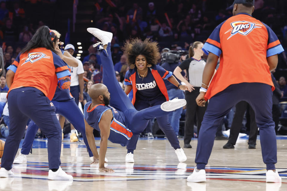 Feb 2, 2024; Oklahoma City, Oklahoma, USA; Oklahoma City Thunder O City Crew dance during a time out against the Charlotte Hornets in the second half at Paycom Center. Mandatory Credit: Alonzo Adams-USA TODAY Sports