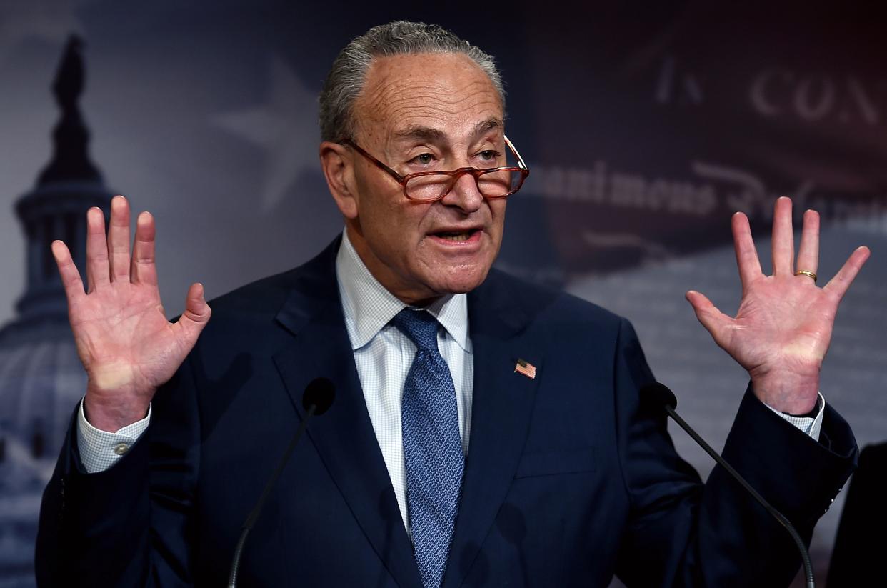 Senate Minority Leader Chuck Schumer, D-N.Y., speaks at a press conference on Tuesday. (Photo: Olivier Douliery/AFP via Getty Images)