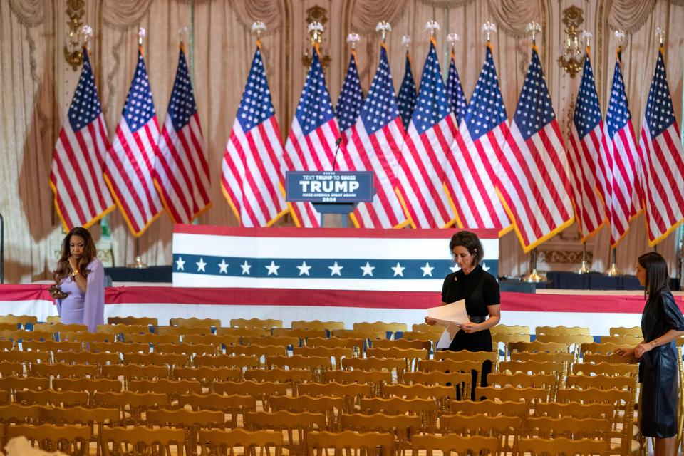 Staff work at a Super Tuesday watch party hosted by Donald Trump at Mar-a Lago on March 5, 2024 in Palm Beach, Florida.