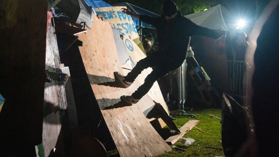 Israeli Protesters Laid Siege On The UCLA Gaza Support Camp For Over 4 Hours. The Israeli Protesters Used Make Shift Weapons, Chemical Weapons And Fireworks To Assault The Camp All Night Long, in Los Angeles, on May 1, 2024.(Photo by Shay Horse/NurPhoto via Getty Images)