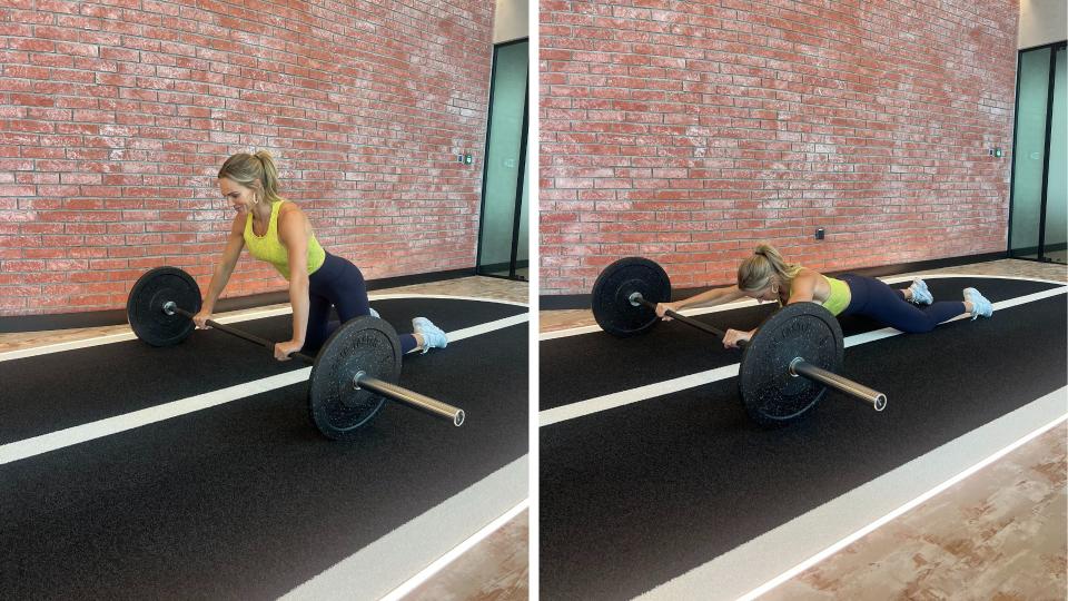 Trainer Sarah Lindsay demonstrates two positions of the barbell  abs roll-out