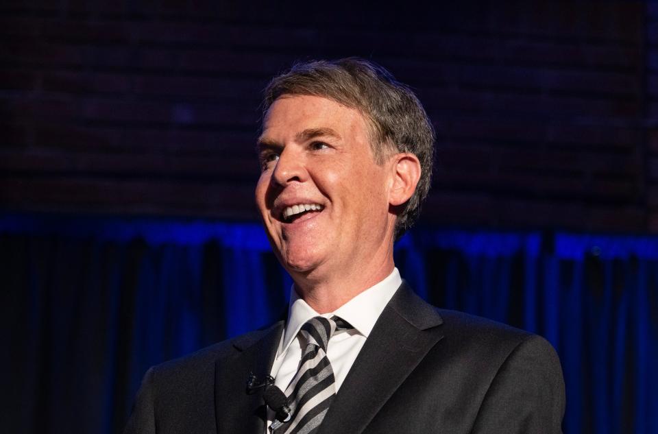 Republican mayoral candidate Jefferson Shreve smiles on stage Tuesday, May 2, 2023, during his election night watch party at the Hotel Tango in Indianapolis.