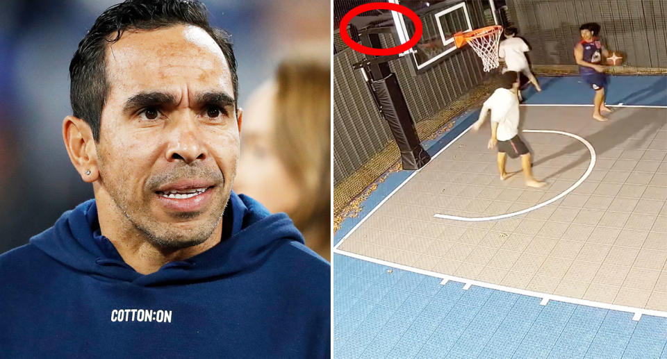 Eddie Betts shared security camera footage from his property showing a driver shouting out a racial slur at his kids. Pic: Getty/X