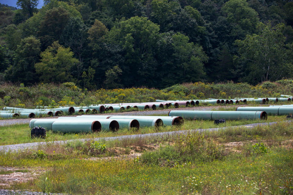 Sections of steel pipe for the Mountain Valley Pipeline in Lindside, West Virginia, on Aug. 26, 2022. / Credit: Robert Nickelsberg / Getty Images