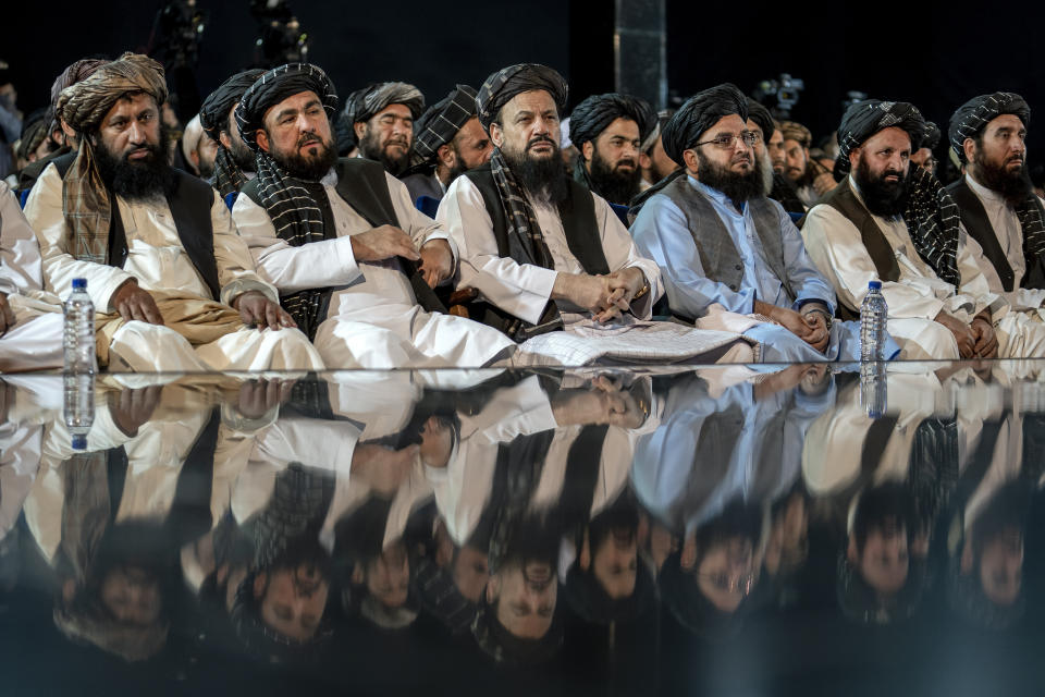 FILE - Taliban leaders attend a ceremony marking the 10th anniversary of the death of Mullah Mohammad Omar, the founder of the Taliban, in Kabul, Afghanistan, Thursday, May 11, 2023. (AP Photo/Ebrahim Noroozi, File)