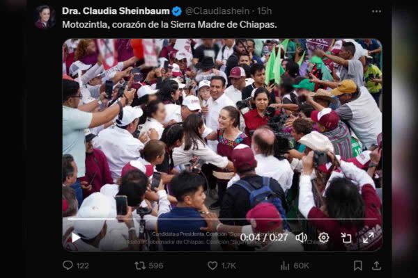 Claudia Sheinbaum durante acto en Motozintla, Chiapas, el 21 de abril de 2024. Foto: X @Claudiashein