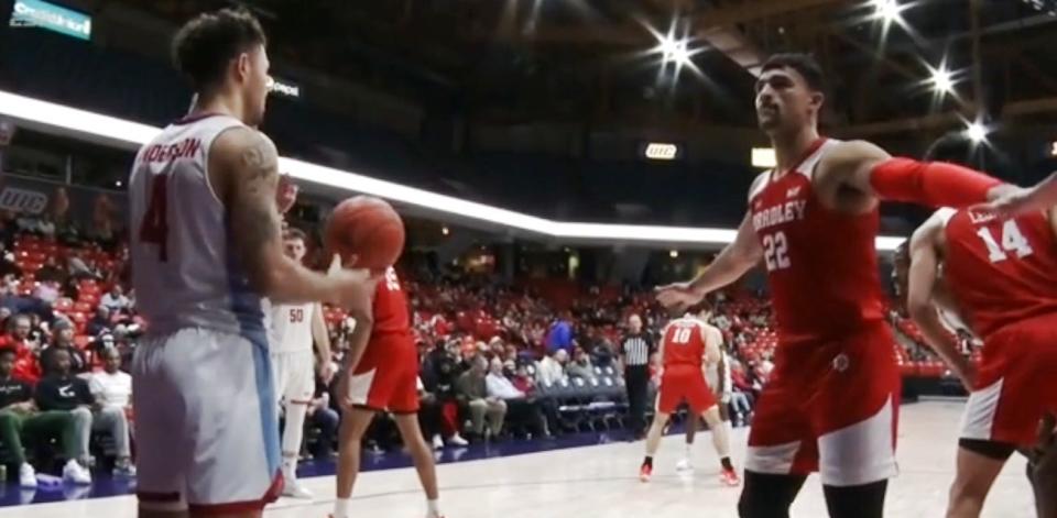 Bradley fifth-year senior Ja'Shon Henry defends an inbounds pass during an 83-76 victory over UIC at Credit Union 1 Arena in Chicago on Jan 29, 2023.