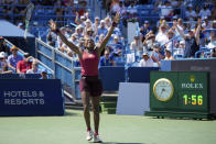Coco Gauff, of the United States, celebrates match point against Karolina Muchova, of the Czech Republic, during the women's singles final of the Western & Southern Open tennis tournament, Sunday, Aug. 20, 2023, in Mason, Ohio. Gauff has won the two biggest titles of her career heading into the U.S. Open, where play begins on Aug. 28. (AP Photo/Aaron Doster)