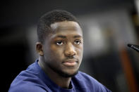 France's Ibrahima Konate attends a press conference at the Jassim Bin Hamad stadium in Doha, Qatar, Wednesday, Dec. 7, 2022. France will play against England during their World Cup quarter-final soccer match on Dec. 10. (AP Photo/Christophe Ena)