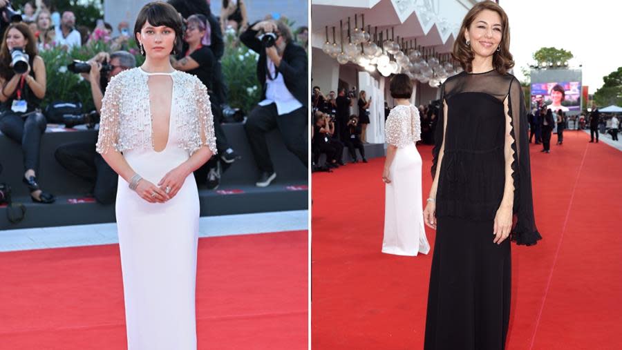 (Left) “Priscilla” star Cailee Spaeny wears Miu Miu at the 2023 Venice Film Festival premiere of the film; (Right) Director Sofia Coppola brings classic Chanel style to her “Priscilla” film debut at the 2023 Venice Film Festival (Kristy Sparow/Getty Images)