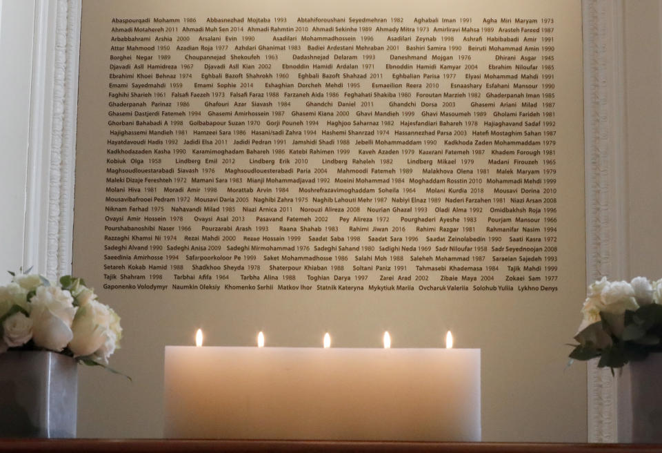 Candles burn in front of a plaque with the names of the victims of flight PS752, at the High Commission of Canada in London, Thursday, Jan. 16, 2020. The Foreign ministers gather in a meeting of the International Coordination and Response Group for the families of the victims of PS752 flight crashed shortly after taking off from the Iranian capital Tehran on Jan. 8, killing all 176 passengers and crew on board. (AP Photo/Frank Augstein)