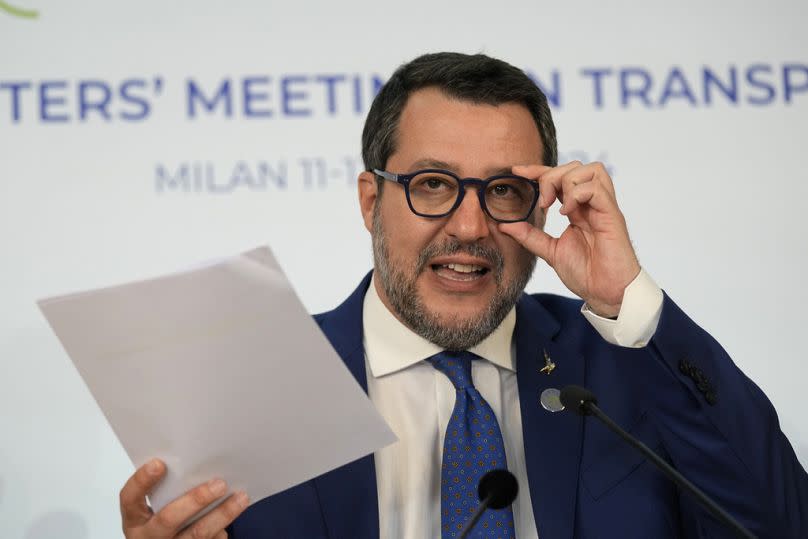 Italian Deputy PM and Minister of Infrastructure and Transport Matteo Salvini attends at a press conference during a ministers meeting in Milan, 13 April 2024