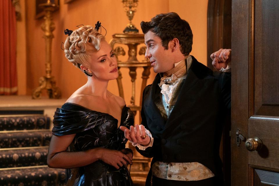 Hannah New as Lady Tilley Arnold and Luke Thompson as Benedict Bridgerton on season three, episode three of "Bridgerton."