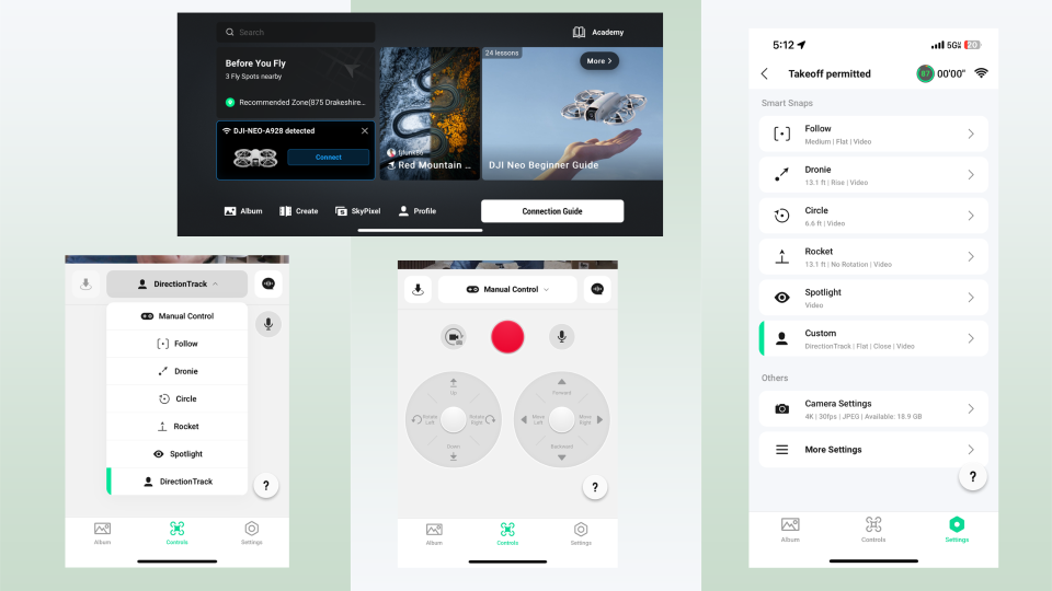 Captures d'écran de l'application DJI Fly.