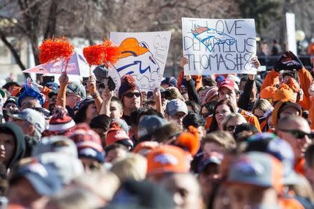 Feb 9, 2016; Denver, CO, USA; A general view of Denver Broncos fans holding signs prior to the Super Bowl 50 championship parade at Civic Center Park. Mandatory Credit: Isaiah J. Downing-USA TODAY Sports