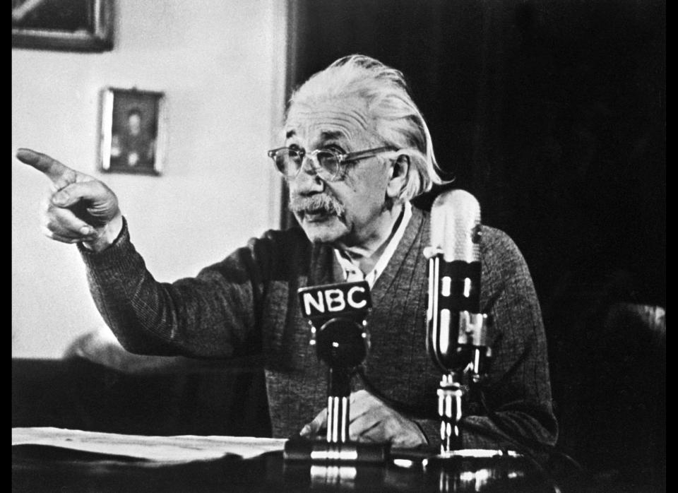 PRINCETON, :  German-born Swiss-US physicist Albert Einstein, author of the theory of relativity, declares his opposition to the 'H' bomb and to the arms race between the USA and the USSR in a conference 14 February 1950 in Princeton during a TV broadcast which created a considerable stir in the United States and all over the Western World. (Photo credit should read AFP/AFP/Getty Images)