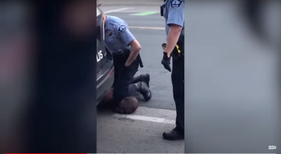 A screenshot of a video shows former Minneapolis Police Officer Derek Chauvin kneeling on George Floyd’s neck as Floyd cries out in pain, stating that he can’t breathe. <a href="https://www.youtube.com/watch?v=CEZh0C-pmaw" rel="nofollow noopener" target="_blank" data-ylk="slk:23 ABC News - KERO;elm:context_link;itc:0;sec:content-canvas" class="link ">23 ABC News - KERO</a>
