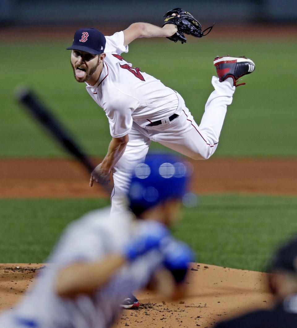 Boston Red Sox starting pitcher Chris Sale delivers during the first inning of a baseball game against the Toronto Blue Jays at Fenway Park in Boston, Tuesday, Sept. 11, 2018. (AP Photo/Charles Krupa)