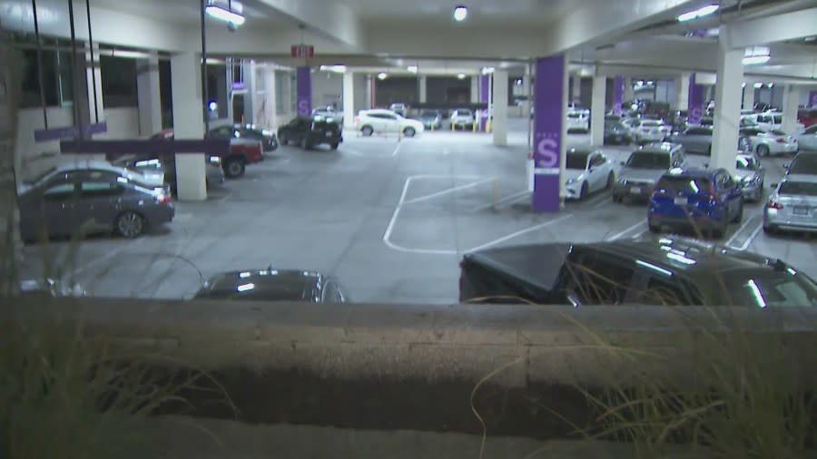 The parking structure where a female suspect crashed her car while fleeing from police at the Del Amo Fashion Center on Dec. 23, 2023. (KTLA)