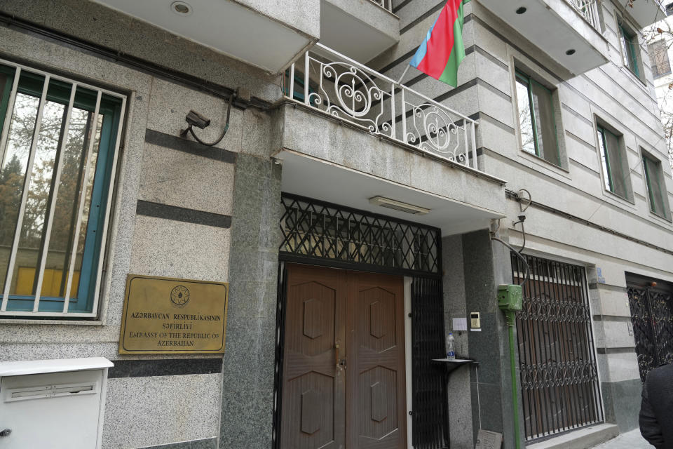 The building of the Azerbaijan Embassy is seen in Tehran, Iran, Friday, Jan. 27, 2023. A man armed with a Kalashnikov-style rifle stormed the Azerbaijan Embassy in Iran's capital Friday, killing the head of security at the diplomatic post and wounding two guards, authorities said. (AP Photo/Vahid Salemi)